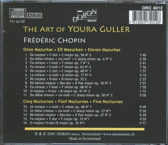 DORON唱片瑞士版 尤拉菊勒的钢琴艺术--肖邦夜曲、玛祖卡舞曲 The Art of Youra Guller(548.14M)